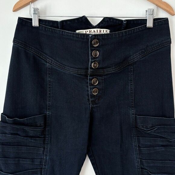 Prairie Underground Organic Cotton Crop Blue Denim Button Fly Moto Jeans Sz 31 - Picture 3 of 9